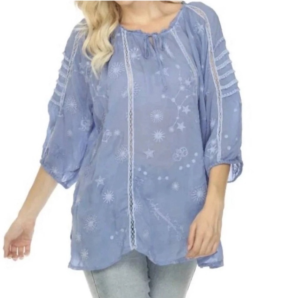Johnny Was Blue Embroidered Sheer Top Size Medium Boho